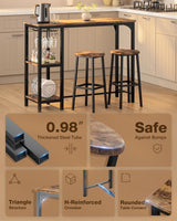 Qsun 3-Piece Bar Table Set for 2, Bar Table with Stools & 2 Storage Shelves, Small Bar Table Set with Glass Rack, Small Kitchen Table for Dining Room, Living Room, Rustic Brown Qsun