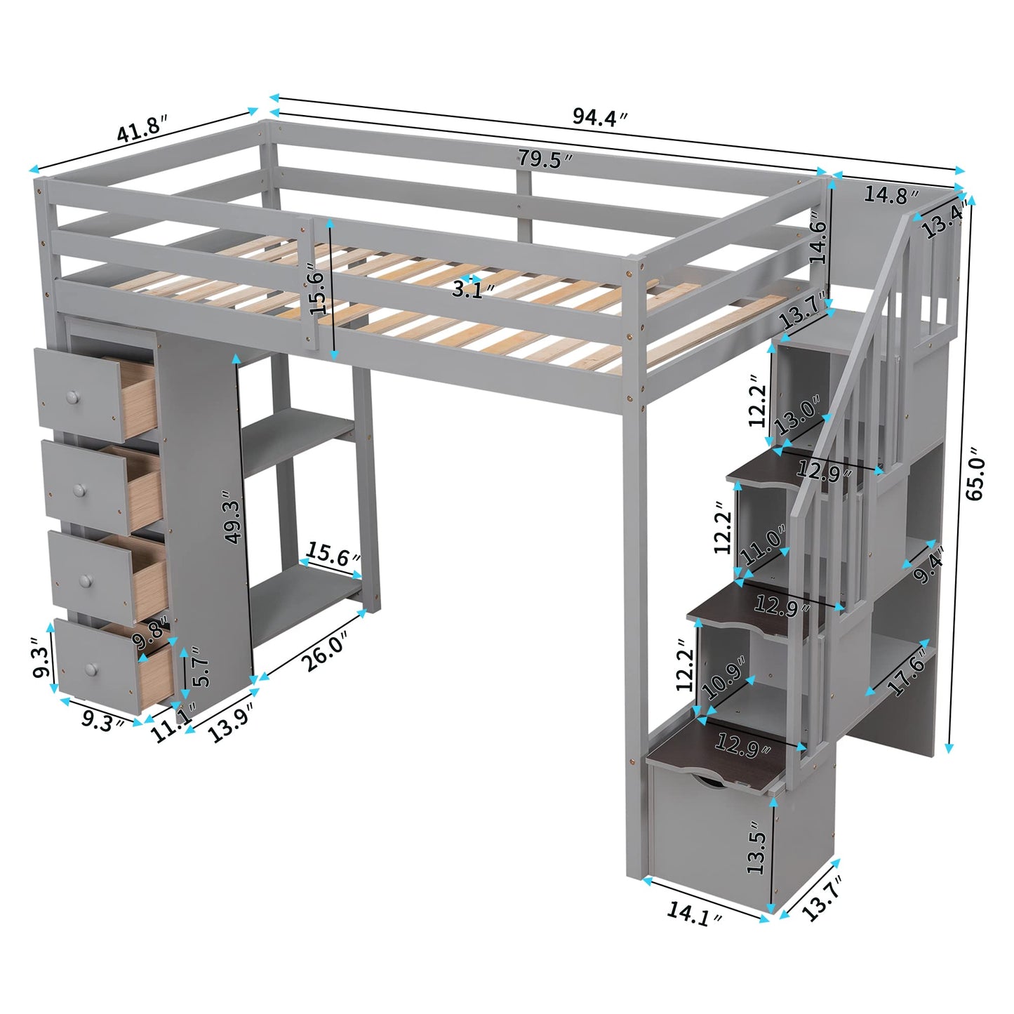 Merax Grey Twin-Size Loft Bed with Storage Drawers and Stairs for Teens - WoodArtSupply