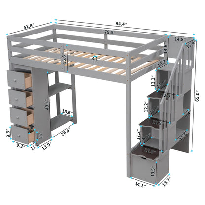 Merax Grey Twin-Size Loft Bed with Storage Drawers and Stairs for Teens - WoodArtSupply