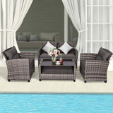 Tangkula 4 PCS Patio Wicker Conversation Furniture Set, Outdoor Rattan Sofa Set with Padded Cushion & Tempered Glass Coffee Table, Wicker Sectional Sofas & Table for Courtyard Balcony Garden (1, Grey) Tangkula