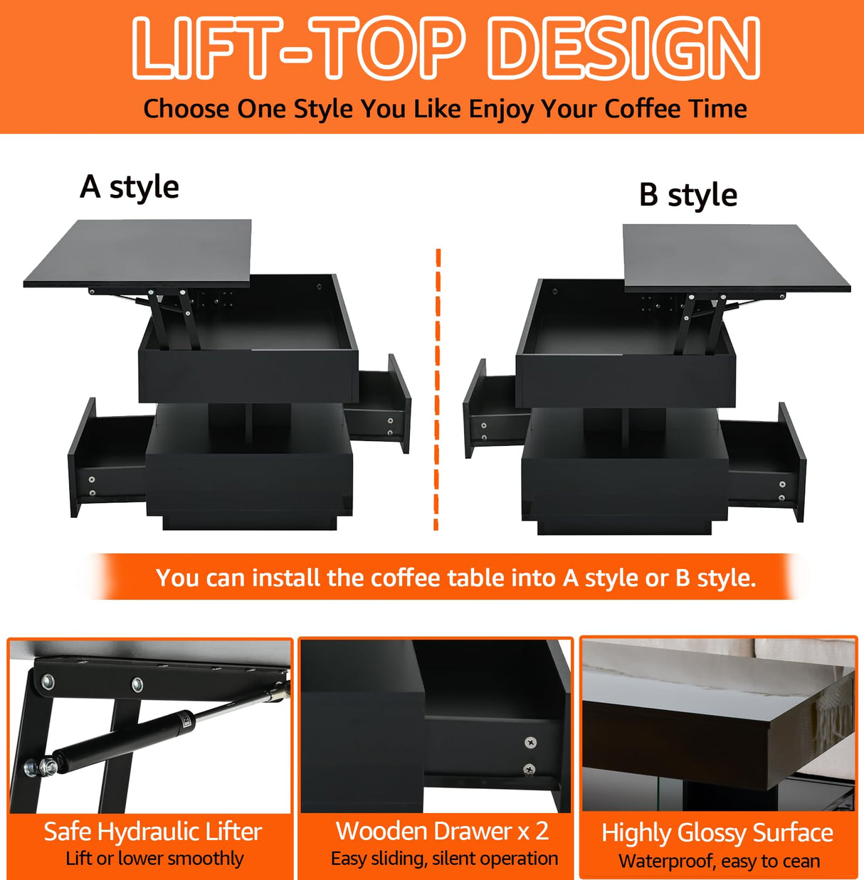 39.37" Lift Top Coffee Table with Hidden Storage & 2 Drawers, Modern High Gloss Center Table for Living Room, Heavy Duty Wood Coffee Table with LED Lights, Apartment Small Space Furniture (Black) Anwick