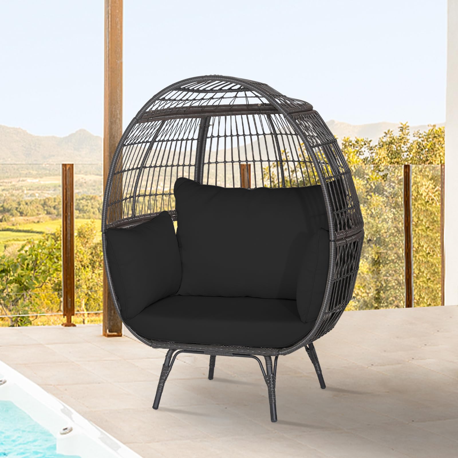 Tangkula PE Wicker Egg Chair, Patiojoy Oversized Indoor Outdoor Patio Lounge Chair with Cushions and Pillows, Steel Frame Basket Chair for Garden, Deck, Balcony, Living Room (Black) - WoodArtSupply