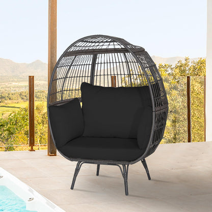 Tangkula PE Wicker Egg Chair, Patiojoy Oversized Indoor Outdoor Patio Lounge Chair with Cushions and Pillows, Steel Frame Basket Chair for Garden, Deck, Balcony, Living Room (Black) - WoodArtSupply