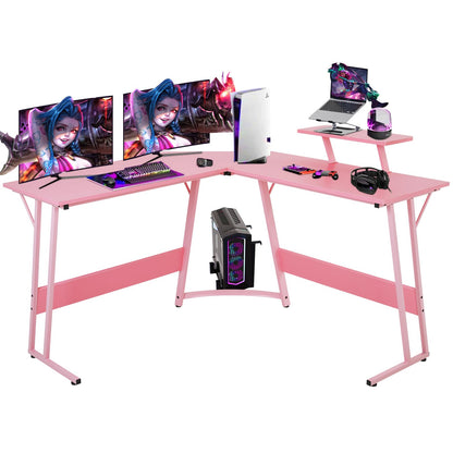 Yewuli 51-inch L Shaped Gaming Desk,Girl‘s Computer Desk, Pink L Shaped Desk for Gaming,Home Office Desks with Detachable Monitor Stand, Corner Desk for Corner,Large,Carbon Fiber,Pink