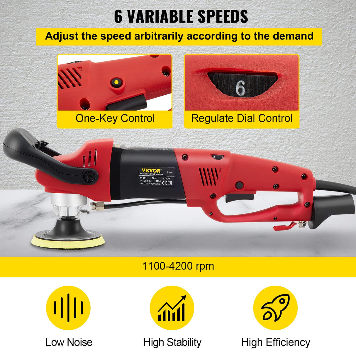 VEVOR Wet Polisher Grinder, Variable Speed 4" & 5" Diamond Polishing Pads, Buffing Machine with 78.7" Water Pipe Adapter & Splash Shield, Electronic Concrete Stone for Title Floor Countertop CE VEVOR