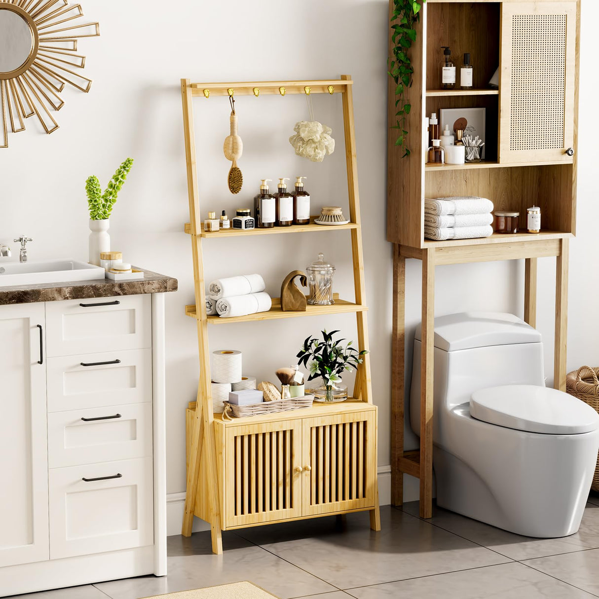 Bookcase with Drawers, 4-Tier Bamboo Bookshelf Ladder Shelf with 6 Hooks, Tall Narrow Book Shelf, 24.8"L x 10.6"W x 59.5"H, Standing Storage Organizer for Living Room, Home Office, Bedroom, Bathroom oakvivo