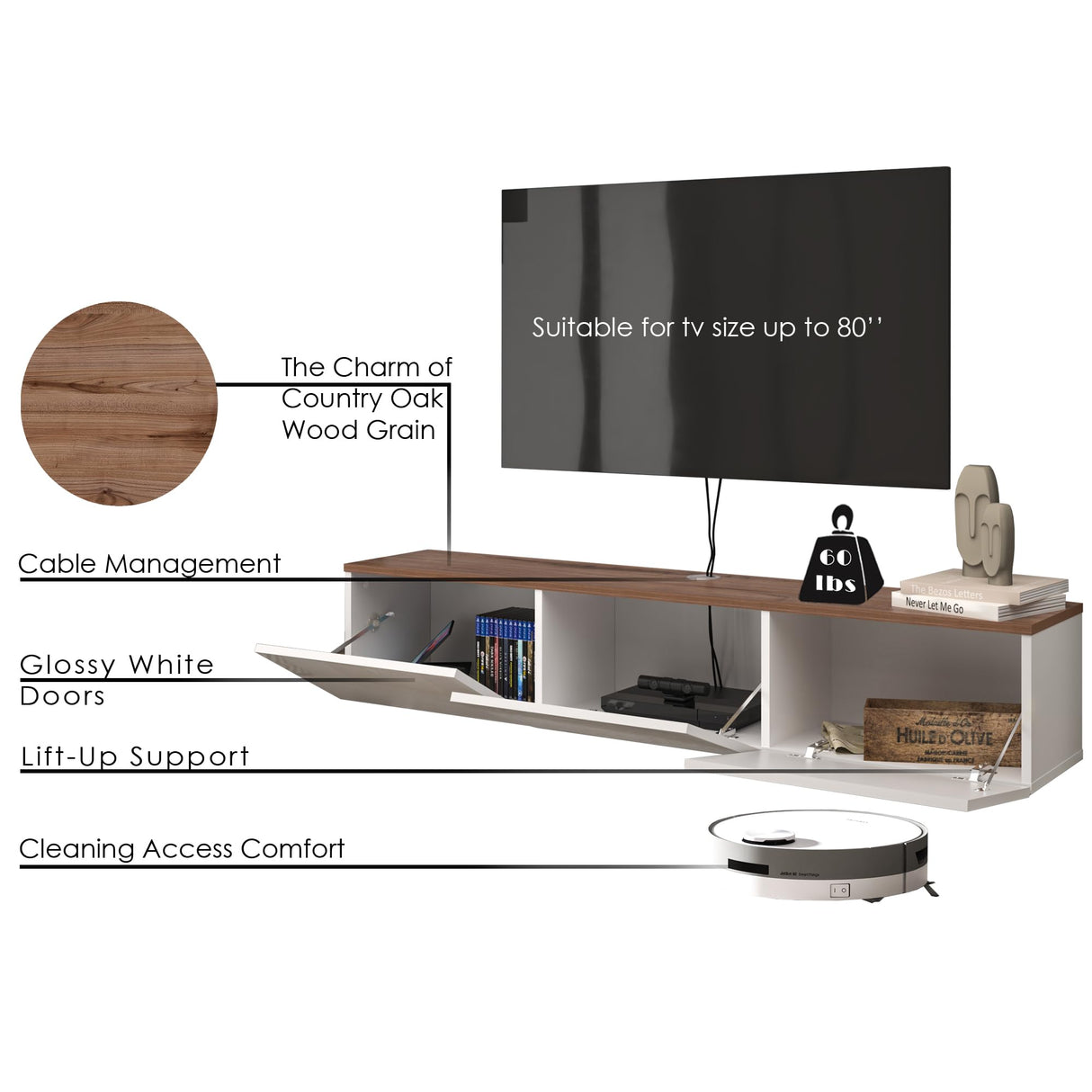 Atelier Mobili Wall Mounted TV Console - Glossy White, Entertainment Center with Floating Design ATELIER MOBILI THE LEADER OF THE INTERCHANGEABLE FURNITURE