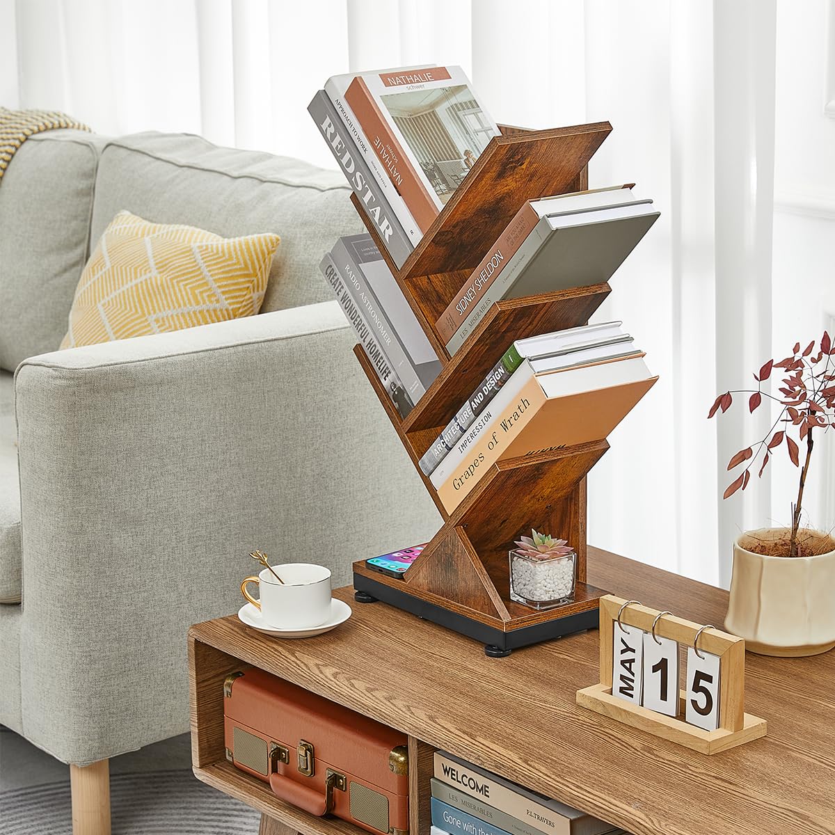 ruboka Tree Bookshelf,Retro Floor Standing Bookcase Display for CDs/Magazine/Books,Small Bookshelf for Bedroom,Living Room,Office,Balcony,Brown Storage Shelves (Brown, 5 Tier) ruboka
