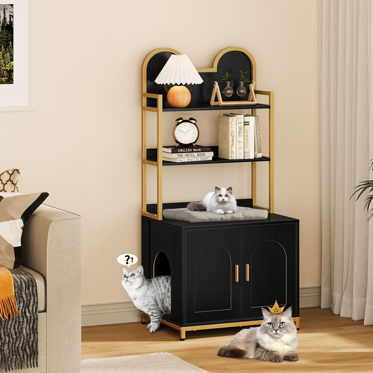 Snughome Cat Litter Box Enclosure with Storage Shelves, Indoor Hidden Cat Litter Box Enclosure Furniture, Wooden Cat Washroom Furniture Cabinet with Metal Frame, Modern Style, Black and Gold Snughome