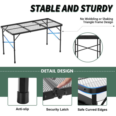 WildFinder Folding Gril Table, 4x2 FT Camping Table with Mesh Desktop,Height Adjustable Folding Grill Table with Mesh Bag,Portable Outdoor for Picnic,Camping,BBQ,Beach(Black) WildFinder