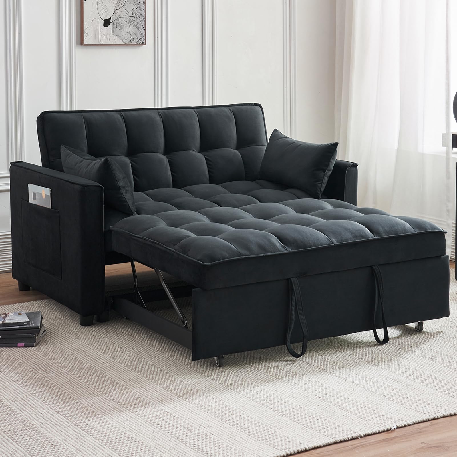 ECHINGLE Sleeper Sofa Bed, 3-in-1 Velvet Pull Out Couch with Armrests, Storage Pockets and 2 Pillows, Adjustable Backrest, Sofa Bed Couch for Living Room, Bedroom(Black) - WoodArtSupply