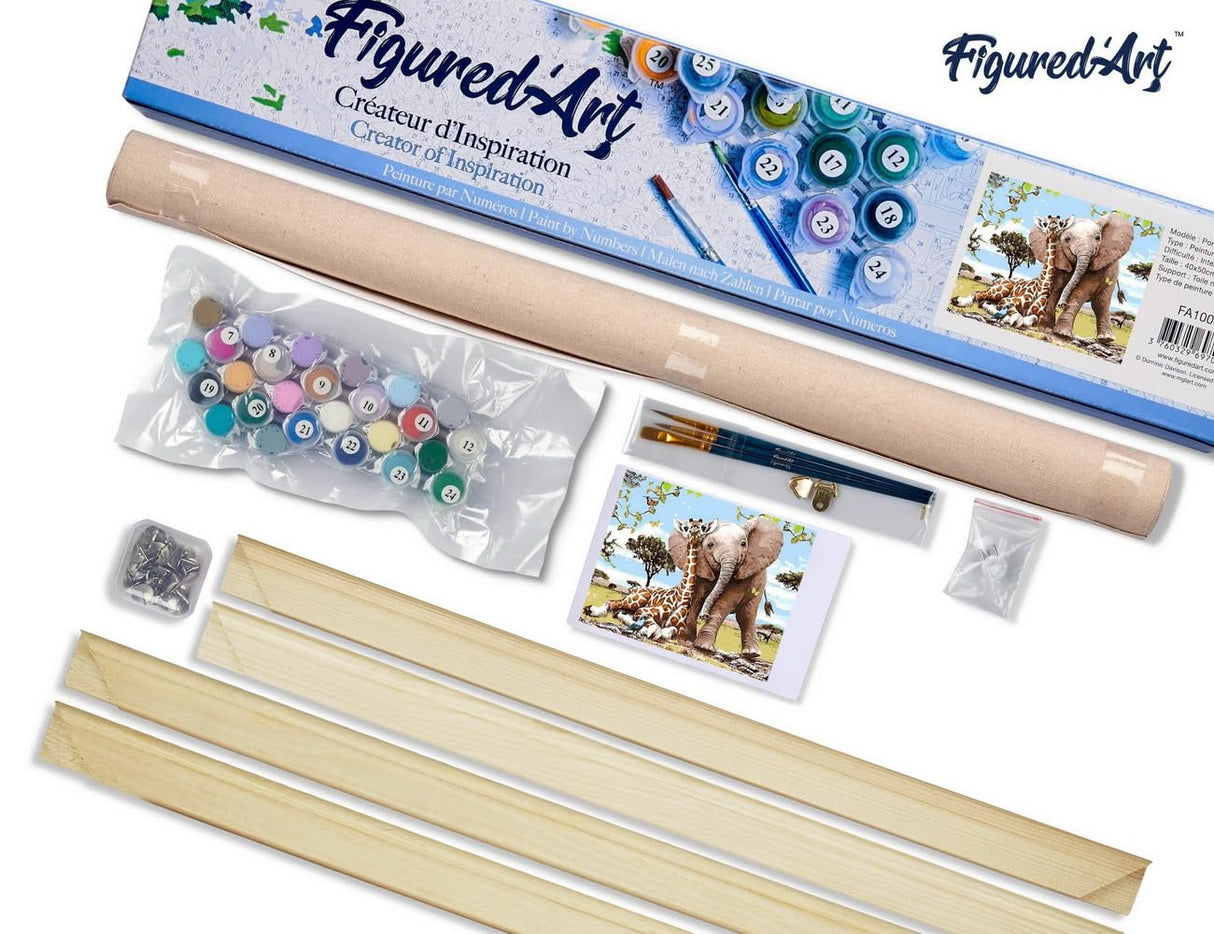 Figured'Art Paint by Numbers Kit for Adults Elephant & Giraffe Friends 16"x20" - Craft Art Painting Rolled Canvas with DIY Wooden Frame Figured'Art
