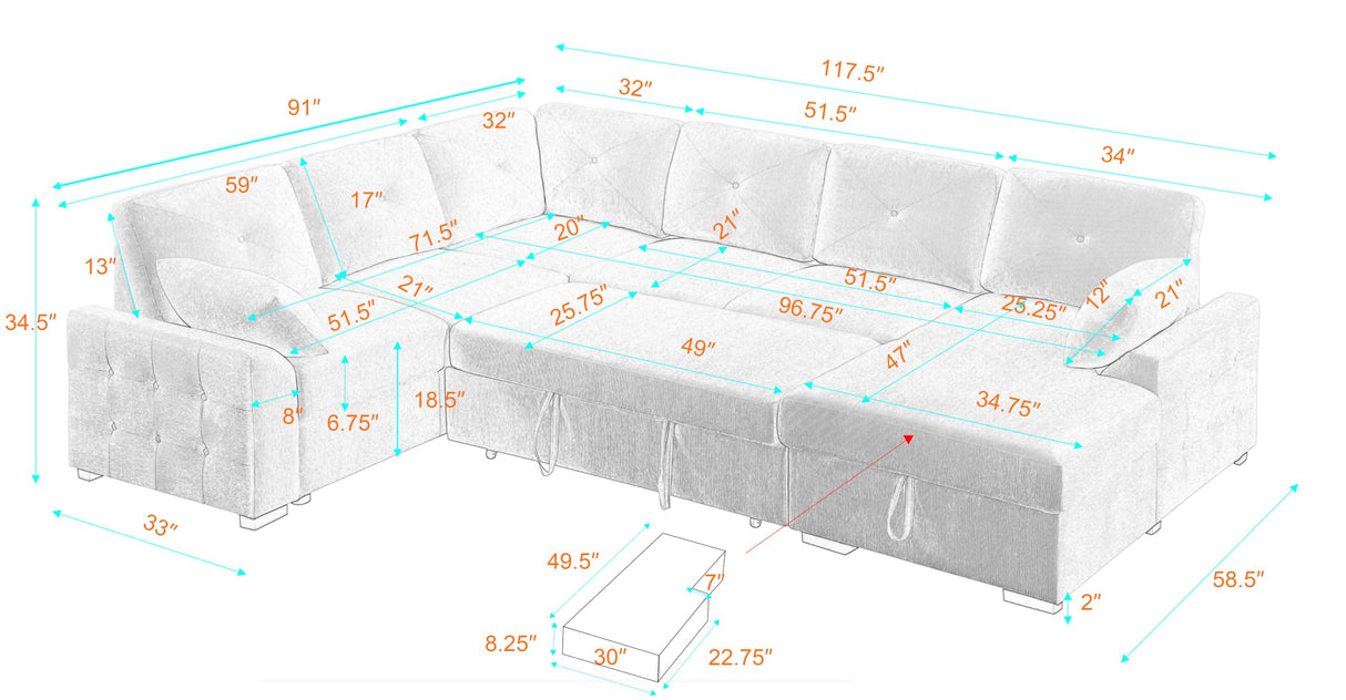 FANYE U-Shaped Pull Out Sleep Sofabed, Modern Sleeper Sectional Sofa Couch Chenille Upholstered Button Tufted Decor with Storage Chaise and 2 Pillows for Living Room Furniture Sets FANYE