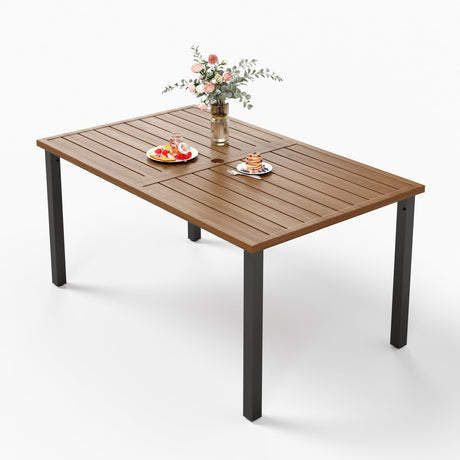 HERA'S HOUSE Outdoor Dining Table for 6, 6-Person Wood-like Metal Steel Slat Rectangle Table with Adjustable Umbrella Hole for Patio Lawn Garden Backyard HERA'S HOUSE