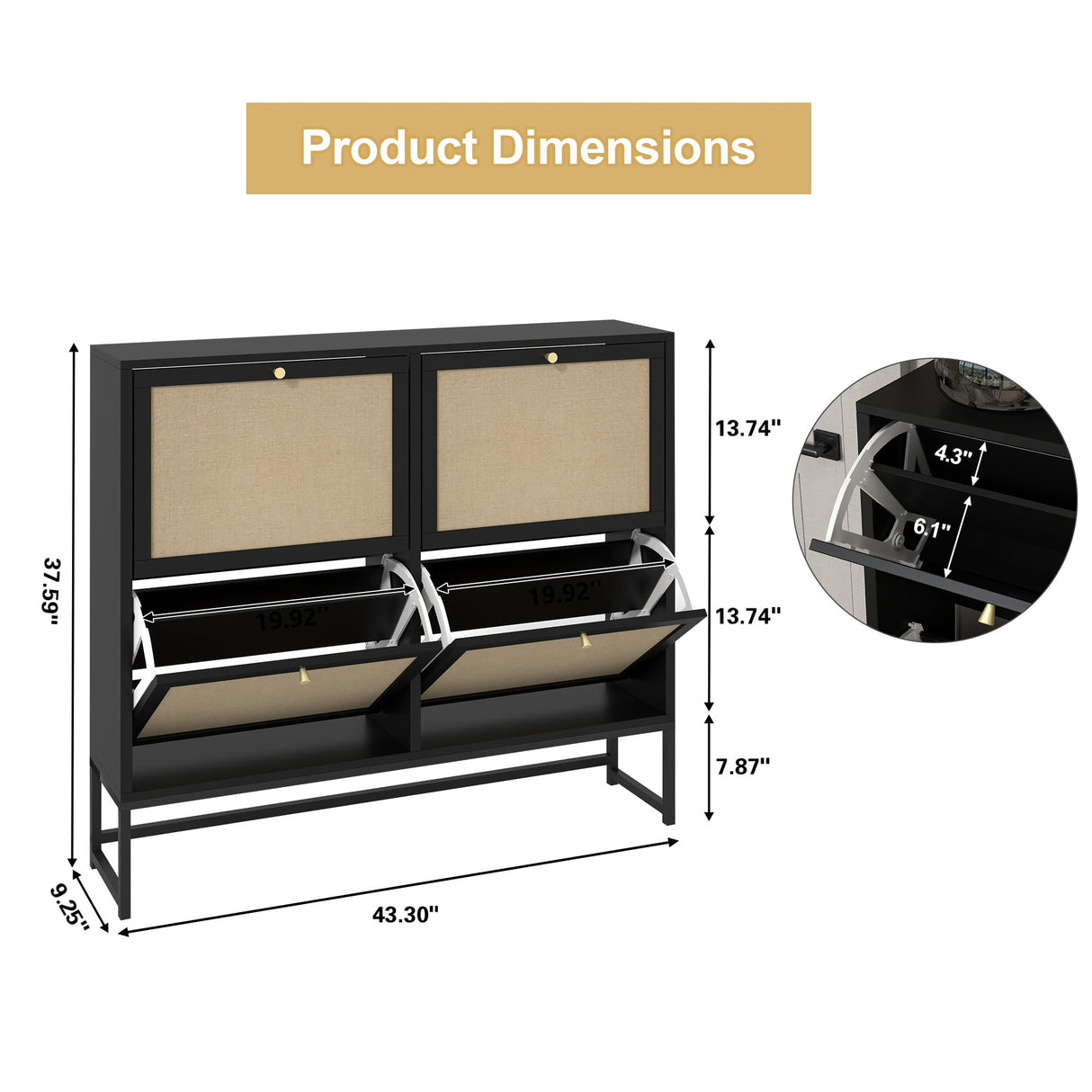 NVETHM Shoe Cabinet, Shoe Storage Cabinet with 4 Flax Flip Drawers and Mental Legs,Shoe Rack Free Standing Shoe Organizer for Entryway, Living Room (Black, 8-Tier) NVETHM