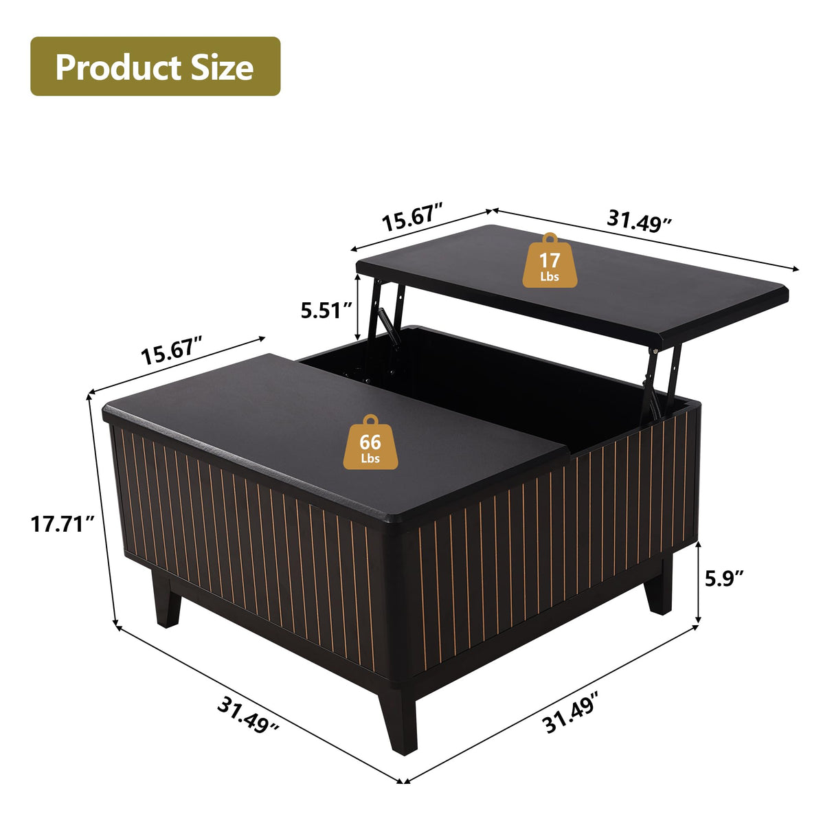 NVETHM Lift Top Coffee Table, Square Coffee Table with Hidden Storage Compartment, Farmhouse Wood Center Table Dining Table for Living Room, Bedroom, Home Office (Black) NVETHM