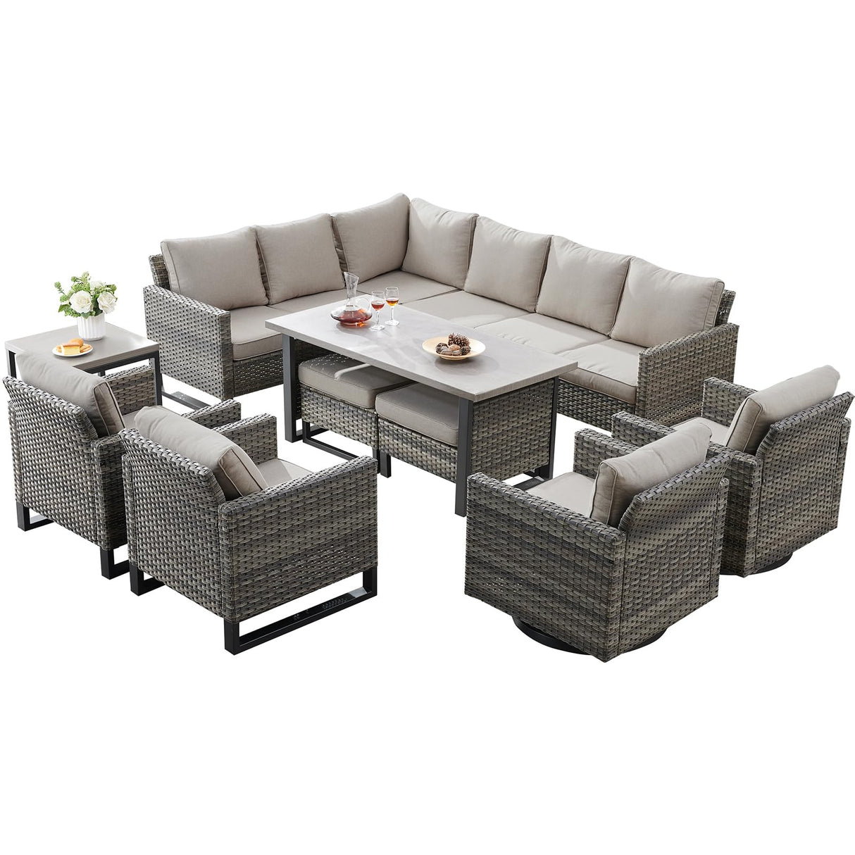 Belord Outdoor Sectional Furniture with Swivel Rocker Chair, 10 Pieces Wicker Patio Furniture Sets with Ottoman L Shaped Sofa Coffee Table Grey Cushion Belord