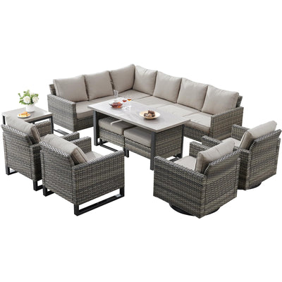 Belord Outdoor Sectional Furniture with Swivel Rocker Chair, 10 Pieces Wicker Patio Furniture Sets with Ottoman L Shaped Sofa Coffee Table Grey Cushion