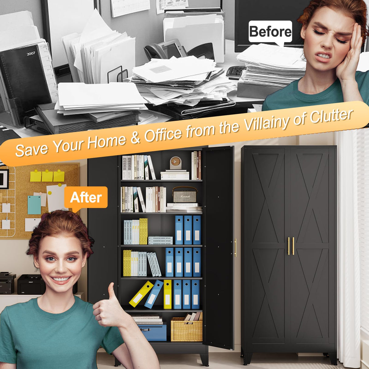 Lusiwry 75" Tall Metal Kitchen Pantry Storage Cabinet, Freestanding Cupboard with 2 Doors and 5 Adjustable Shelves, Standing Storage for Kitchen, Bathroom, Garage, Dinning Room or Utility Room（Black） Lusiwry