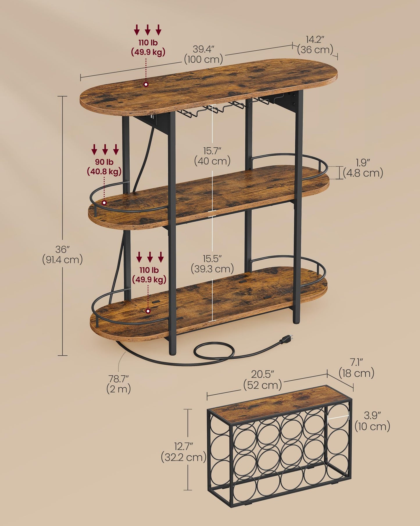 VASAGLE Bar Cabinets for Home, LED Coffee Bar with Power Outlets, Home Mini Bar for Liquor, Freestanding Wine Rack with Glass Holder, Kitchen, Dining Room, Rustic Brown ULWR007K01 - WoodArtSupply