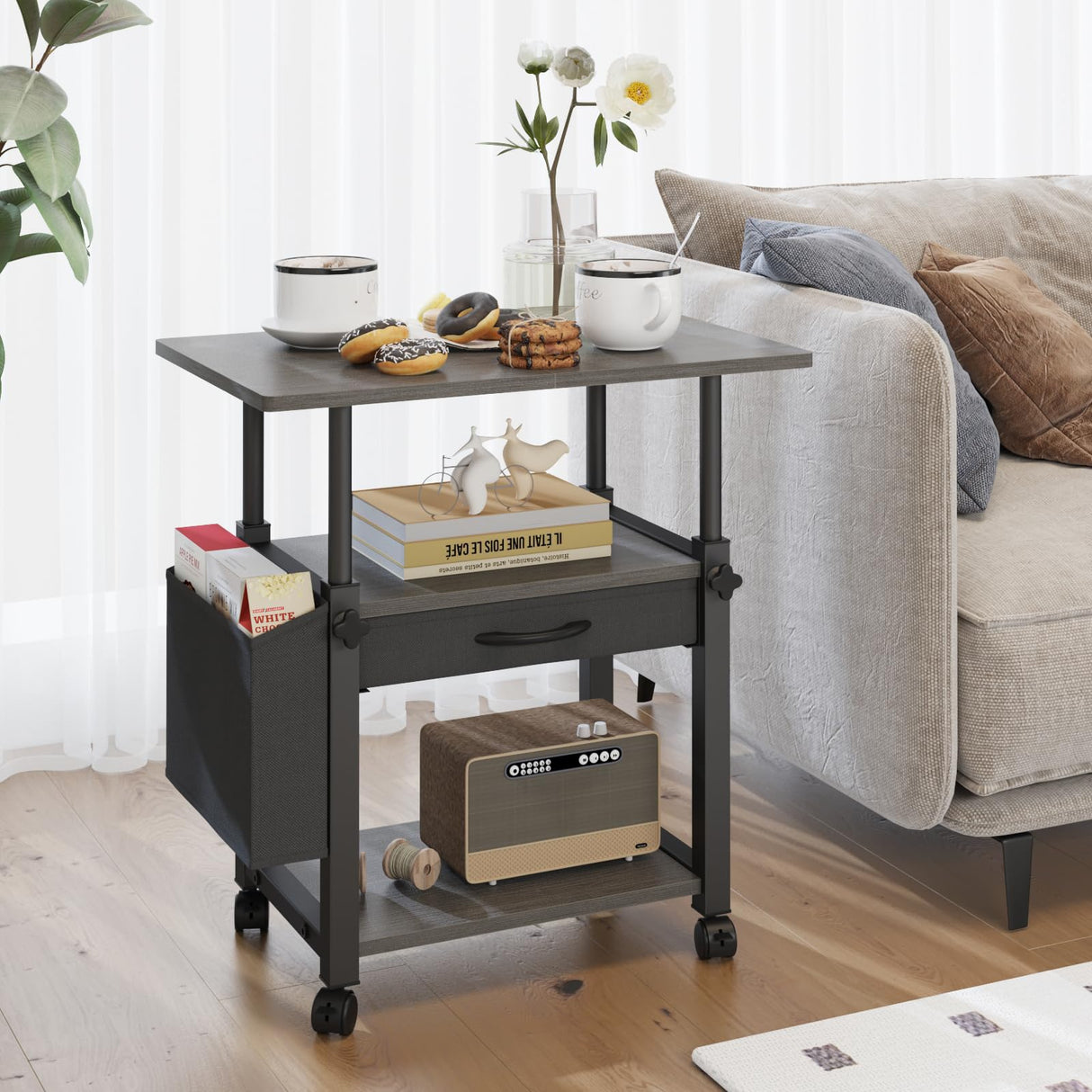 YAOHUOO 22"x15" Large Printer Stand with Storage Drawer and Side Bag, 3-Tier Height Adjustbale Printer Cart for Home Office, Rolling Printer Table fit Heat Press/Laser printer/3D Printer(Grey) YAOHUOO