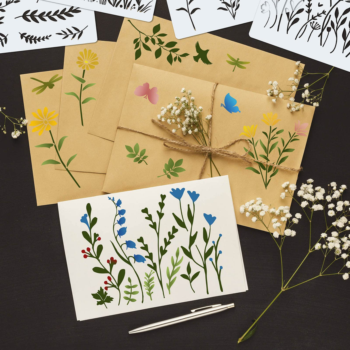 Marspark 20 Pieces Wildflower Stencils for Painting Template Flower Wall Stencils Reusable Spring Templates PET DIY Drawing for Painting on Wood Wall(Rectangular Style) Marspark