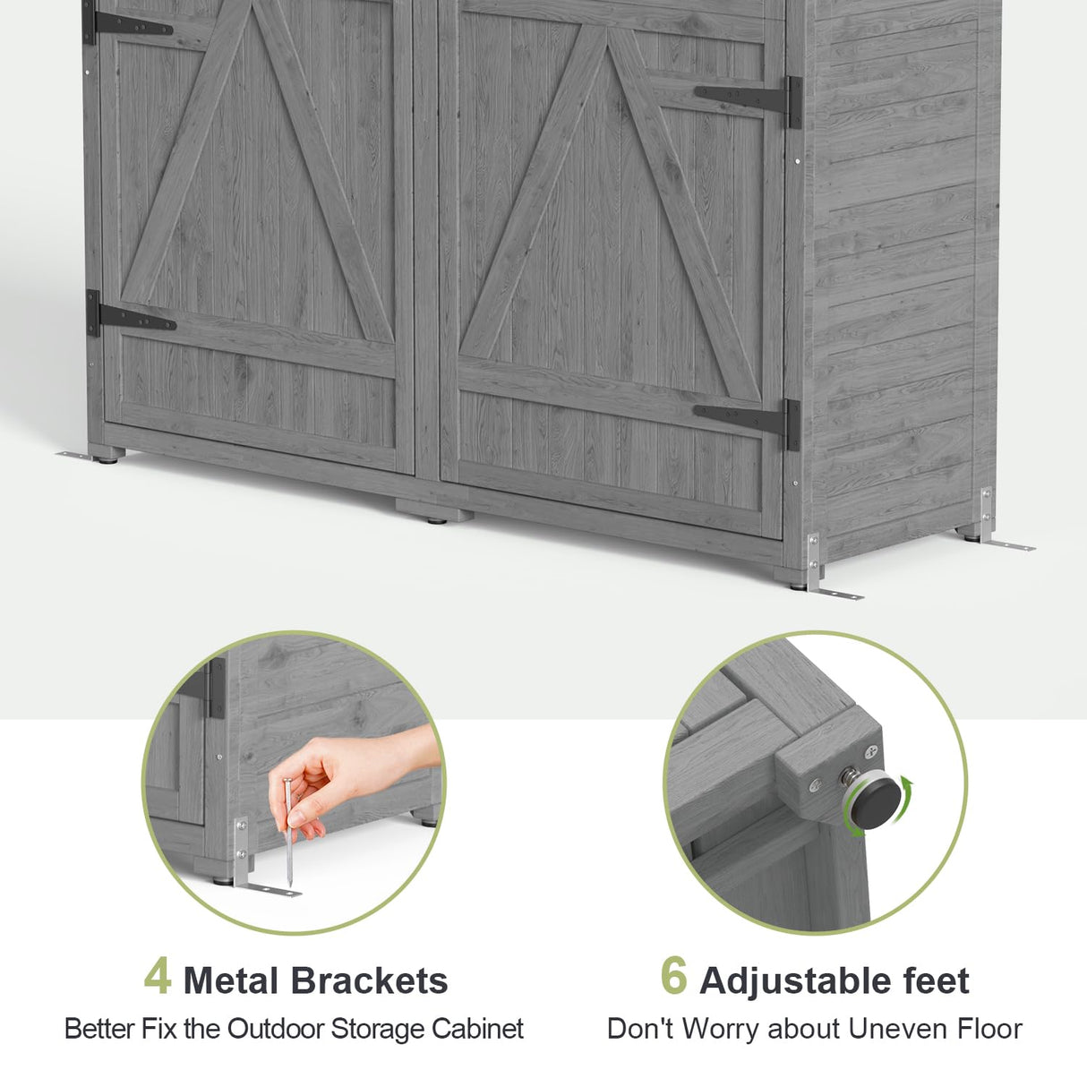 Gizoon Outdoor Storage Cabinet with Waterproof Roof, Double Lockable Doors Garden Shed with 2 Removable Shelves, Wooden Storage Shed with Large Storage Space for Patio, Garden, Backyard, Lawn, Grey Gizoon