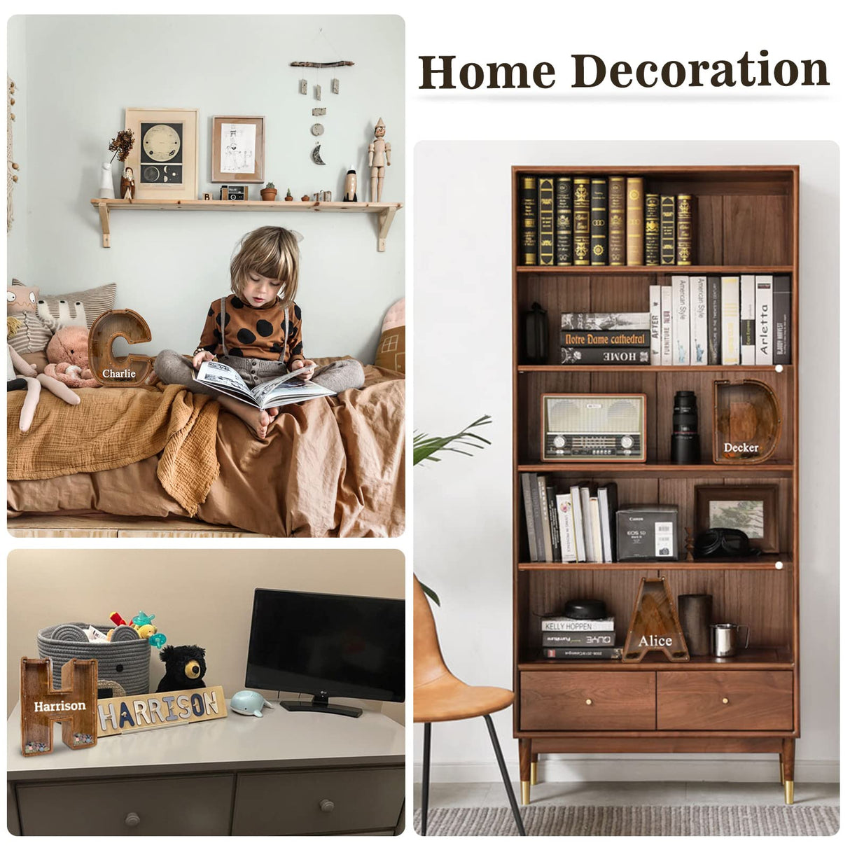 Personalized Large Wooden Kids Letter Piggy Bank Custom Name Coin Bank, (Laser Engraved Name) Wood Alphabet Letter Bank Money Box Birthday (B) ladenk