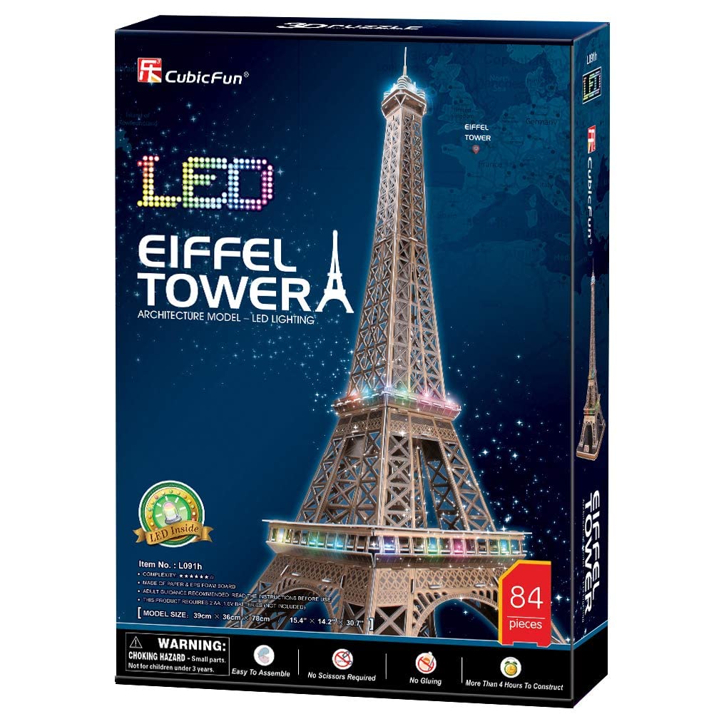 CubicFun 3D Puzzle for Adults Eiffel Tower with Shining LED Lights, Romantic Paris Architecture Model Building Kits Decor, Gift for Women Men, 84 Pieces CubicFun