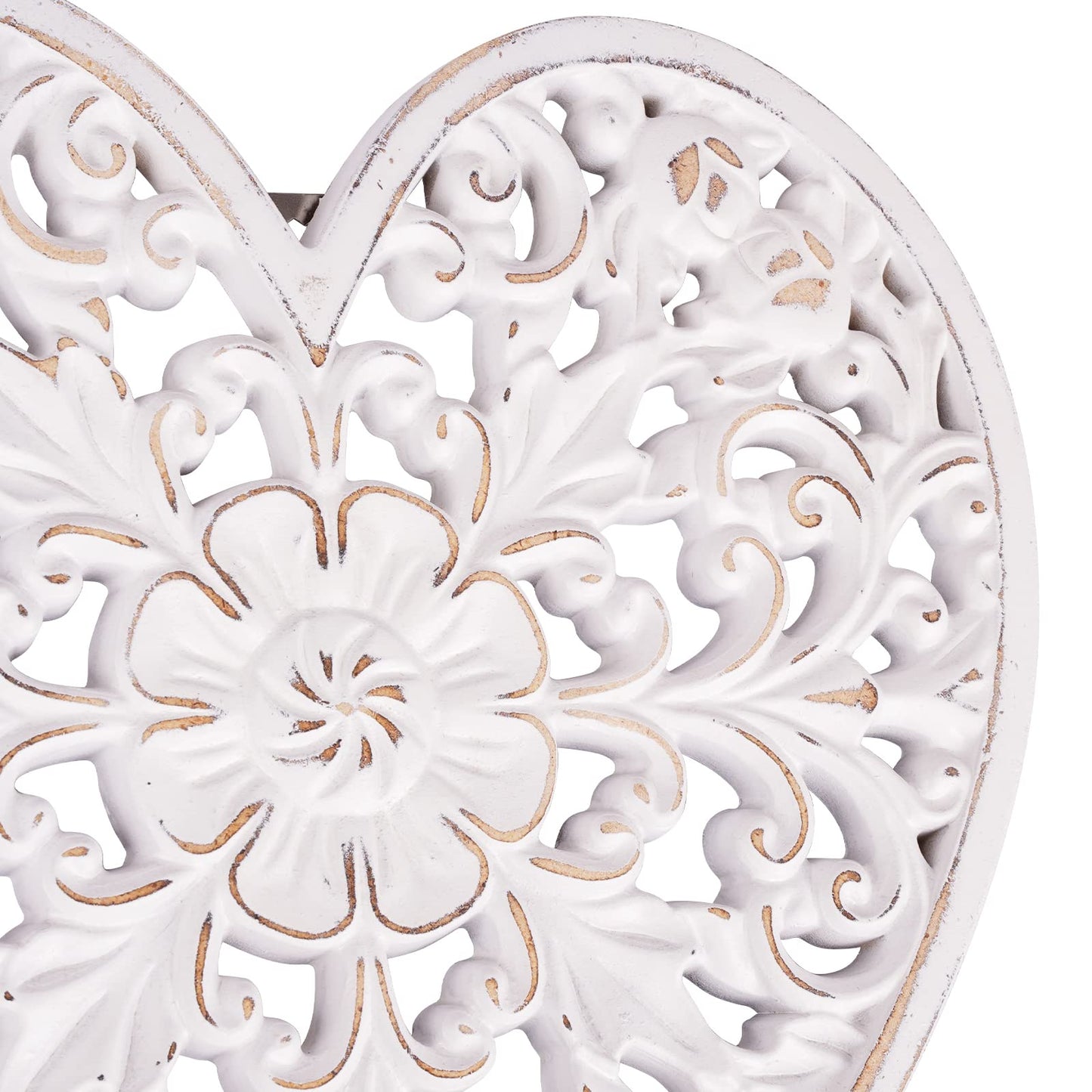 Kvintes Wood Wall Panel Hanging Decor, Medallion Wall Décor Art, 12" Heart-shaped Decorative Carved Floral-Patterned Distressed White MDF Sculpture Wall Panel for Your Room or Office