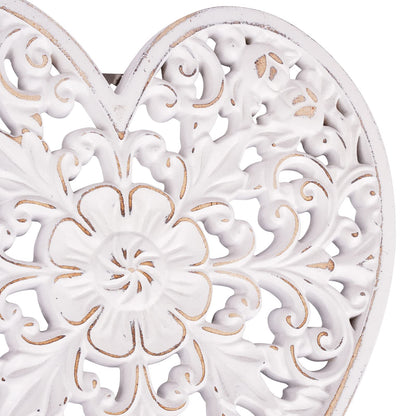 Kvintes Wood Wall Panel Hanging Decor, Medallion Wall Décor Art, 12" Heart-shaped Decorative Carved Floral-Patterned Distressed White MDF Sculpture Wall Panel for Your Room or Office