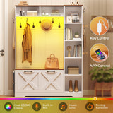 Itaar Hall Tree with Bench and Shoe Storage, Farmhouse Entryway Bench with Coat Rack, Shoe Cabinet with Flip Drawers, 7 Shelves, 10 Coat Hooks, Storage Bag, Led Lights, White Itaar