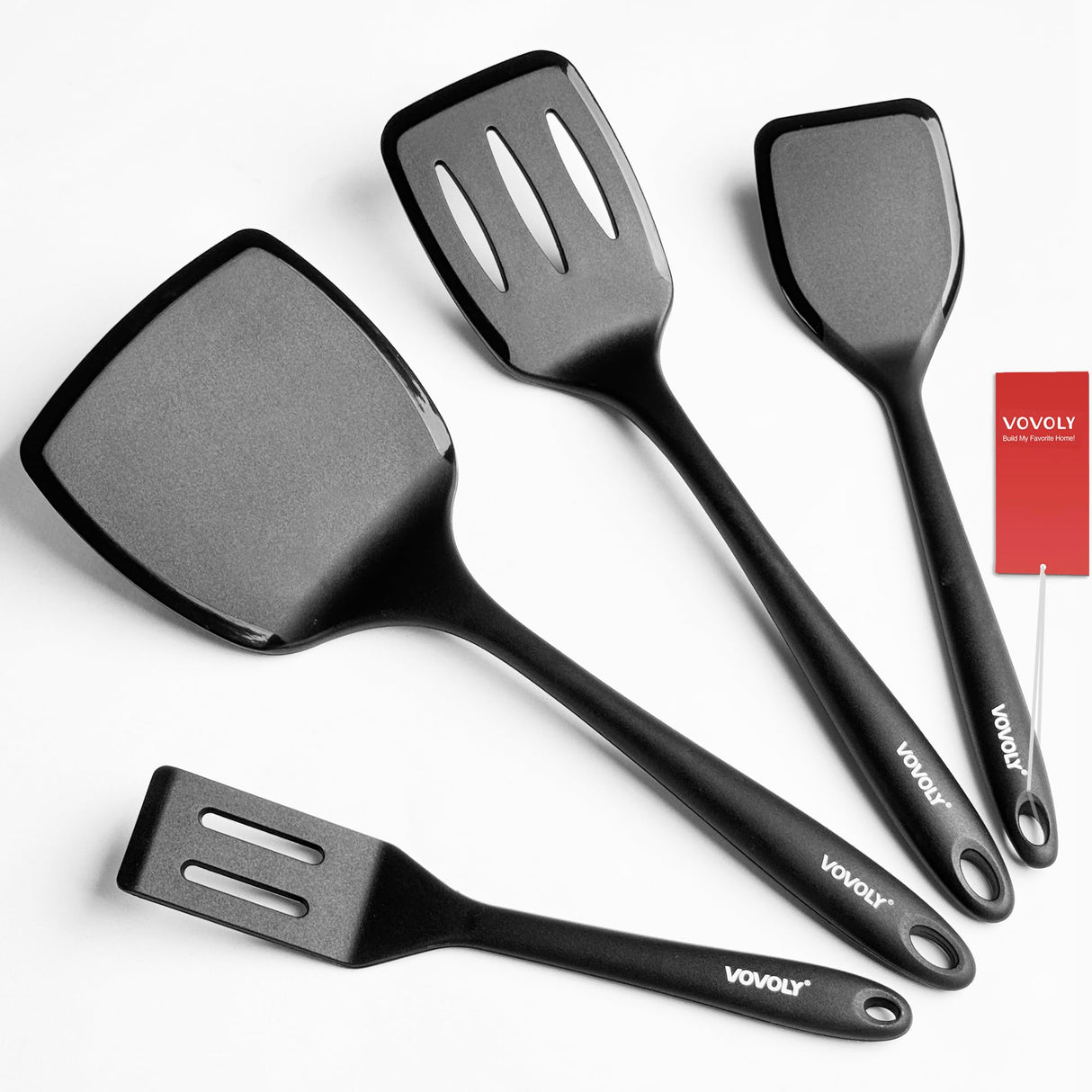 Silicone Spatula Set, 600°F Heat Resistant Silicone Spatula Turner Flipper for Cooking, Non Stick and Non Scratch Kitchen Utensils for Eggs & Pancakes, 4 Pack, Black Vovoly