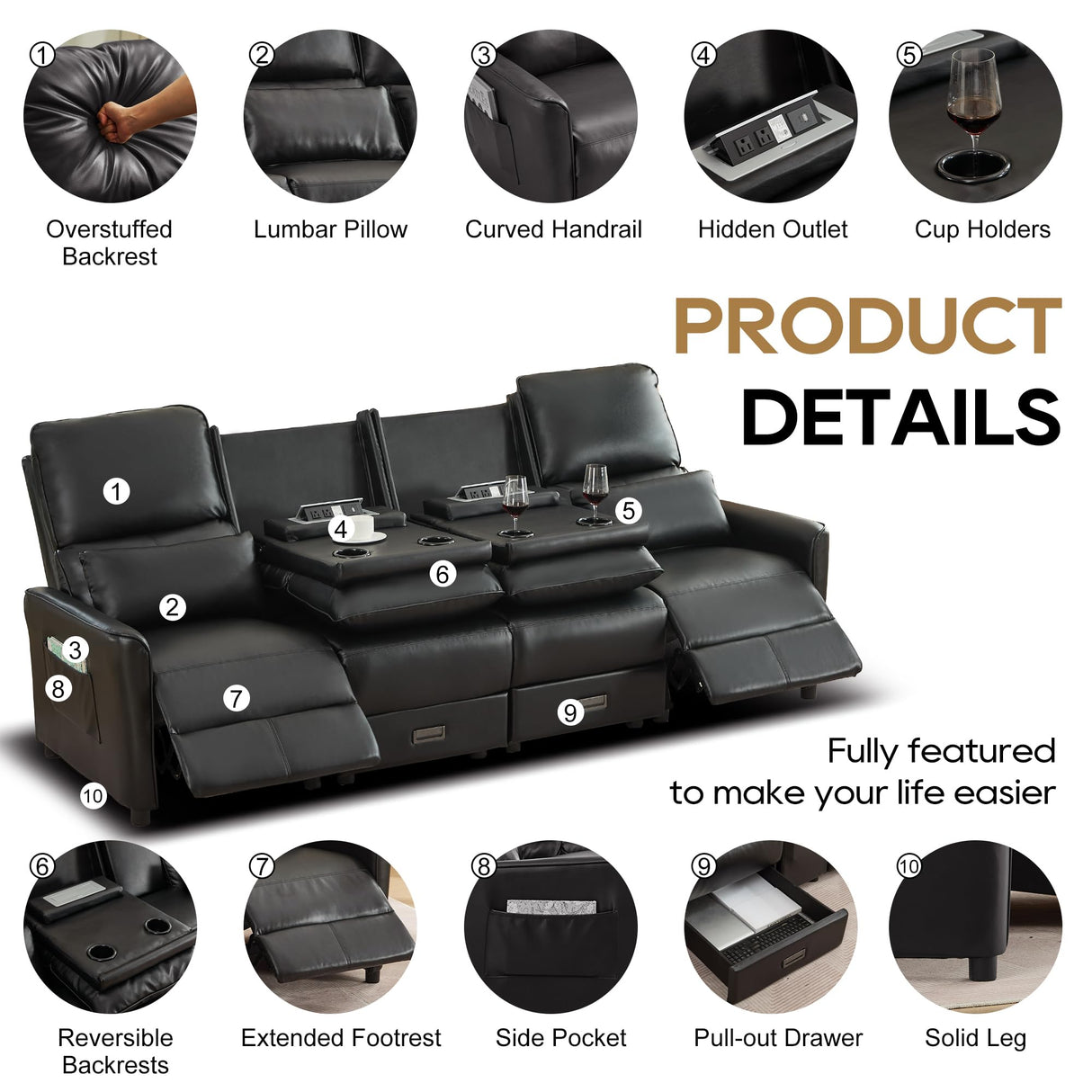 DRMBOOK 96'' RV 4 Seater Recliner Sofa, Faux Leather Three Camper Couch 4 Seater Recliner, Home Movie Theater Seating Chair, 4 Person Push Back Recliners for Living Room, Black DRMBOOK