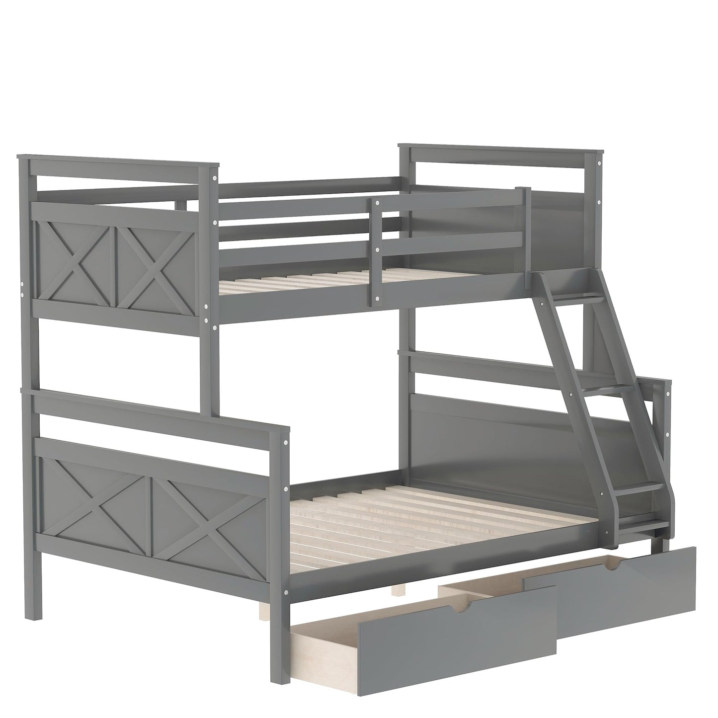 Merax Grey Twin Over Full Bunk Bed with Storage Drawers, Ladder and Guardrail, Convertible Design - WoodArtSupply