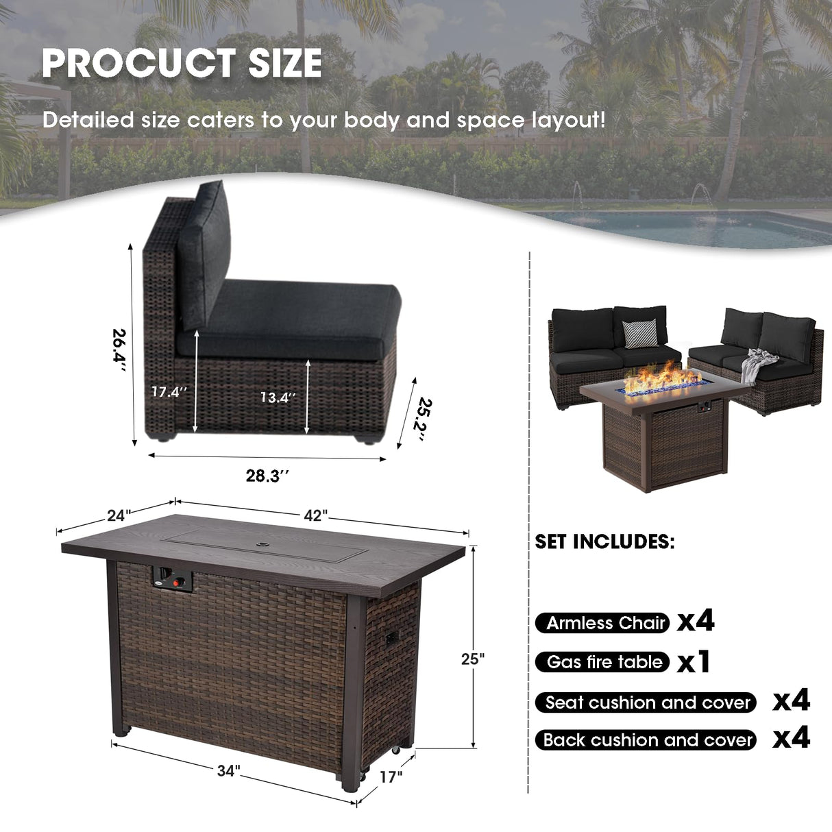 Outdoor Sectional Furniture, 5 Piece Patio Furniture Set with 42-inch Fire Wicker Propane Fire Pit Table - All Weather Wicker Rattan Sofa Conversation Set for Backyard Lawn Poolside Deck, Black Grezone