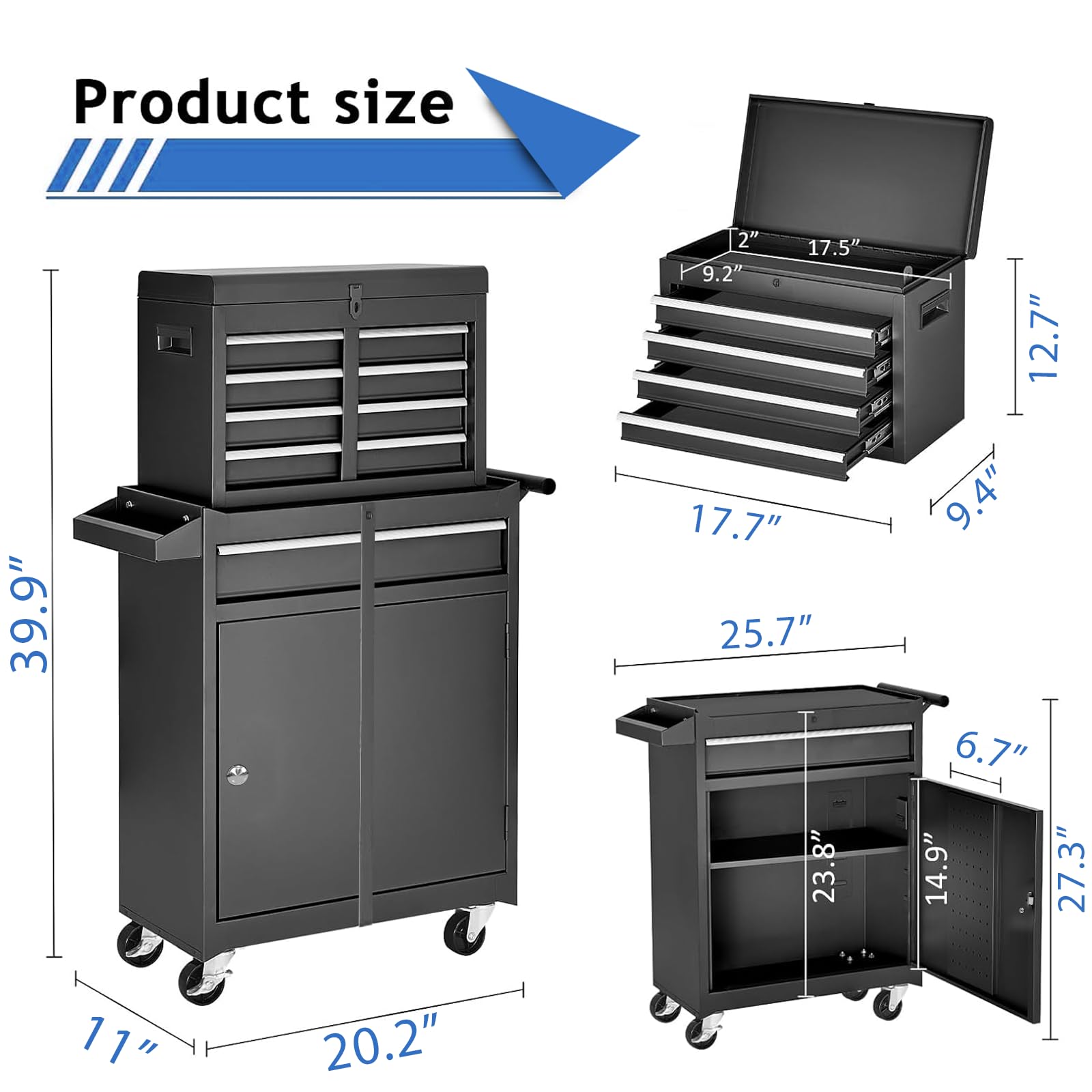 SumKea Wheels, Box, 5 Drawer Rolling Tool Chest and 2 Lockers, Detachable Storage Cabinet, for Garage Warehouse Workshop, Black - WoodArtSupply