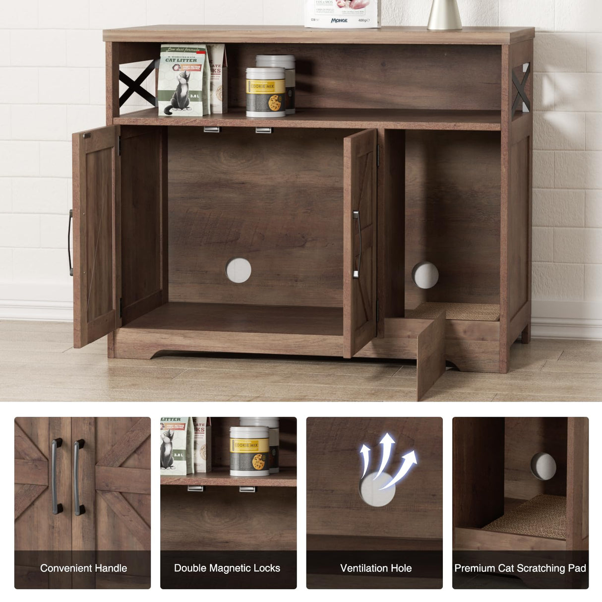 Halitaa Cat Litter Box Enclosure, Hidden Litter Box Furniture with Scratch Pad, Farmhouse Indoor Cat House Washroom End Table, Retro Brown Halitaa