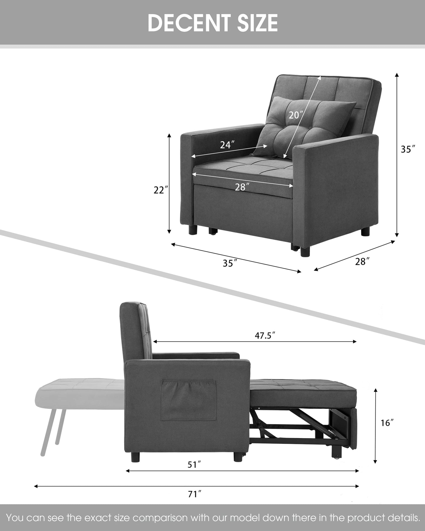 XSPRACER [Updated Convertible Chair Bed, Sleeper Chair Bed 3 in 1, Stepless Adjustable Backrest, Armchair, Sofa, Bed, Fleece, Dark Gray, Single One - WoodArtSupply