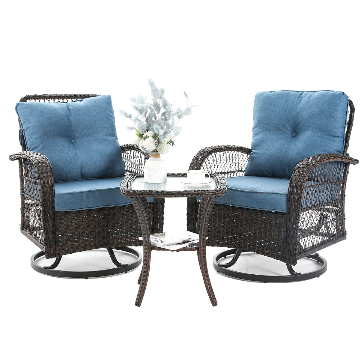 VONZOY 3 Pieces Patio Furniture Set, Outdoor Swivel Glider Rocker, Wicker Patio Bistro Set with Rocking Chair, Thickened Cushions and Table for Porch (Blue) VONZOY