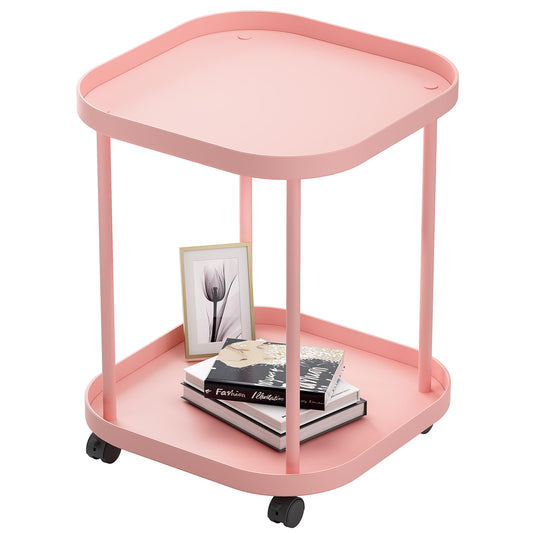 villertech Side Table with Wheels, End Table Living Room Plastic Mobile Sofa Side Table Small Night Stand Bedroom Pink