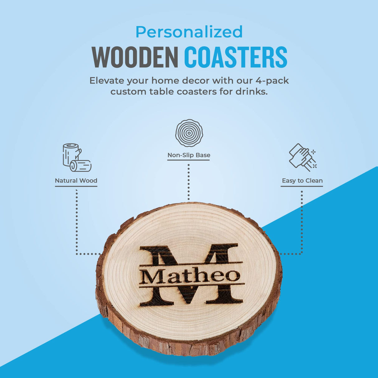 Personalized Coasters 2-Pack - Monogrammed Wooden Coasters for Drinks - Set of 2 Cup Coasters for Table - Premium Wood Coaster Set for Housewarming, Wedding Personalized Gifts Personalized Passion