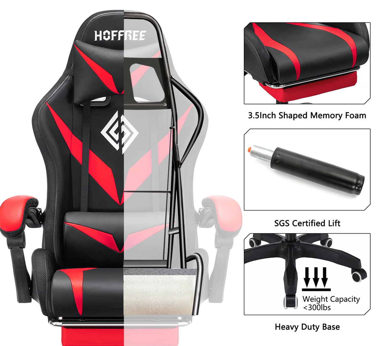 HOFFREE Gaming Chair Massage with Bluetooth Speakers and Led Lights Ergonomic Computer Gaming Chair with Footrest RGB Video Game Chair with High Back Lumbar Support Red and Black HOFFREE