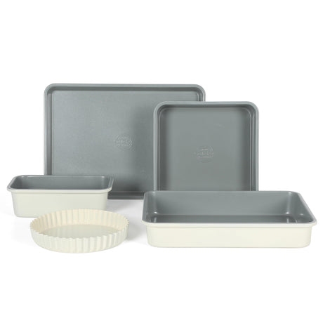 Sur La Table Kitchen Essential Carbon Steel Baking Pans Bakeware Set W/Premium PFOA, PFAS, PTFE Free Grey Non stick - Linen White Exterior Sur La Table