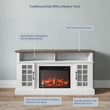 BELLEZE Traditional 58" Rustic TV Stand with 23" Electric Fireplace Heater with Sound, Media Entertainment Center Console Table for TV up to 65" with Open Storage Shelves and Cabinets - White BELLEZE