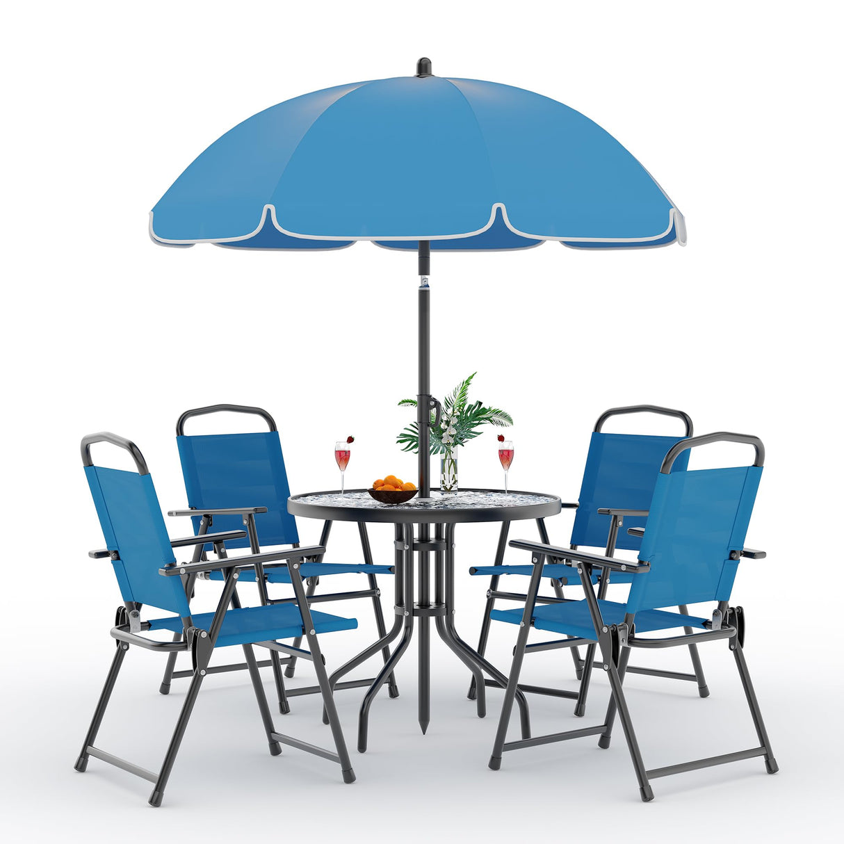 6 Pieces Patio Dining Set with Umbrella, Outdoor Furniture Set with 4 Folding Dining Chairs, Garden Patio Furniture Set with Umbrellas, Tempered Glass Top Dinings Table PeakPursuit