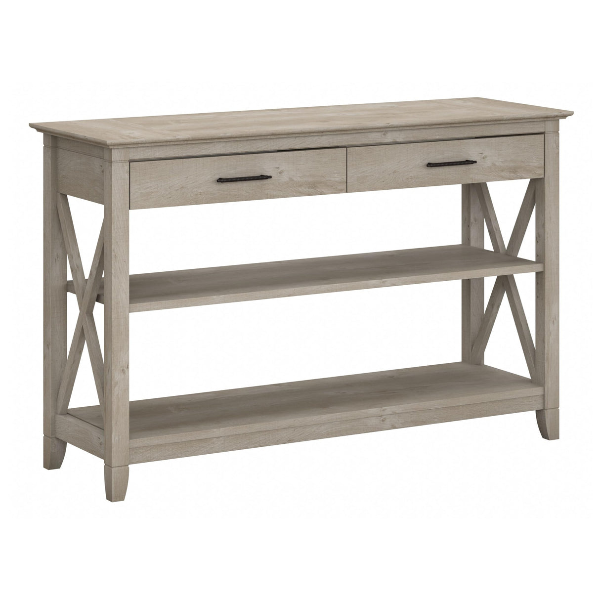 Bush Furniture Key West Console Table with Drawers and Shelves in Washed Gray Bush Business Furniture