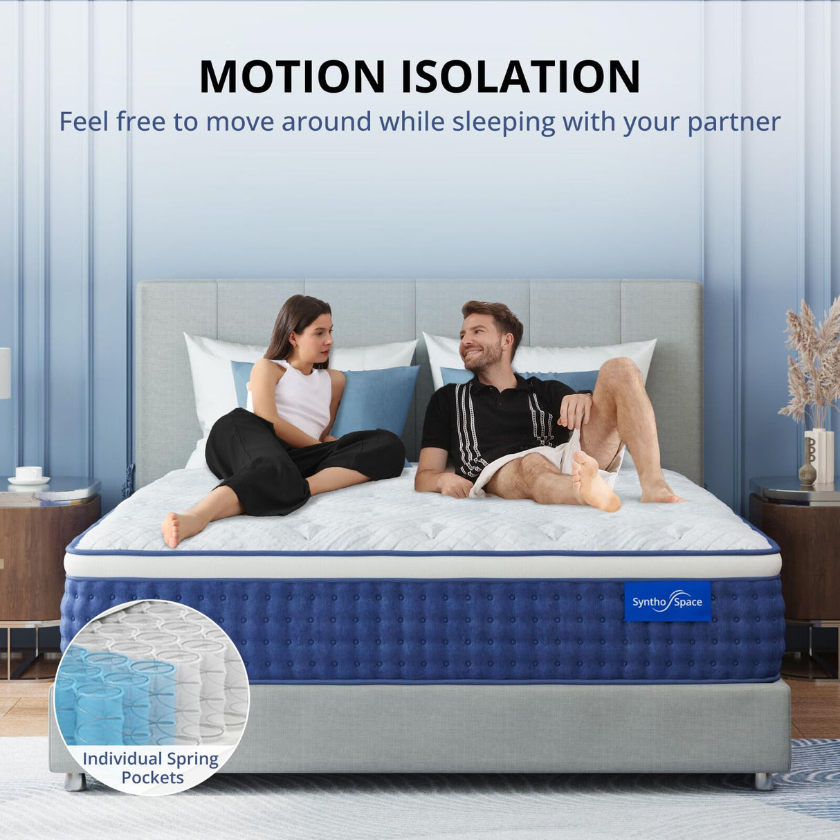 SynthoSpace King Size Mattress 14 Inch King Hybrid Mattress in a Box, Individual Pocket Springs for Motion Isolation & Pressure Relief, Enhanced Edge Support, Fiberglass Free, Medium, 76" x 80" SynthoSpace