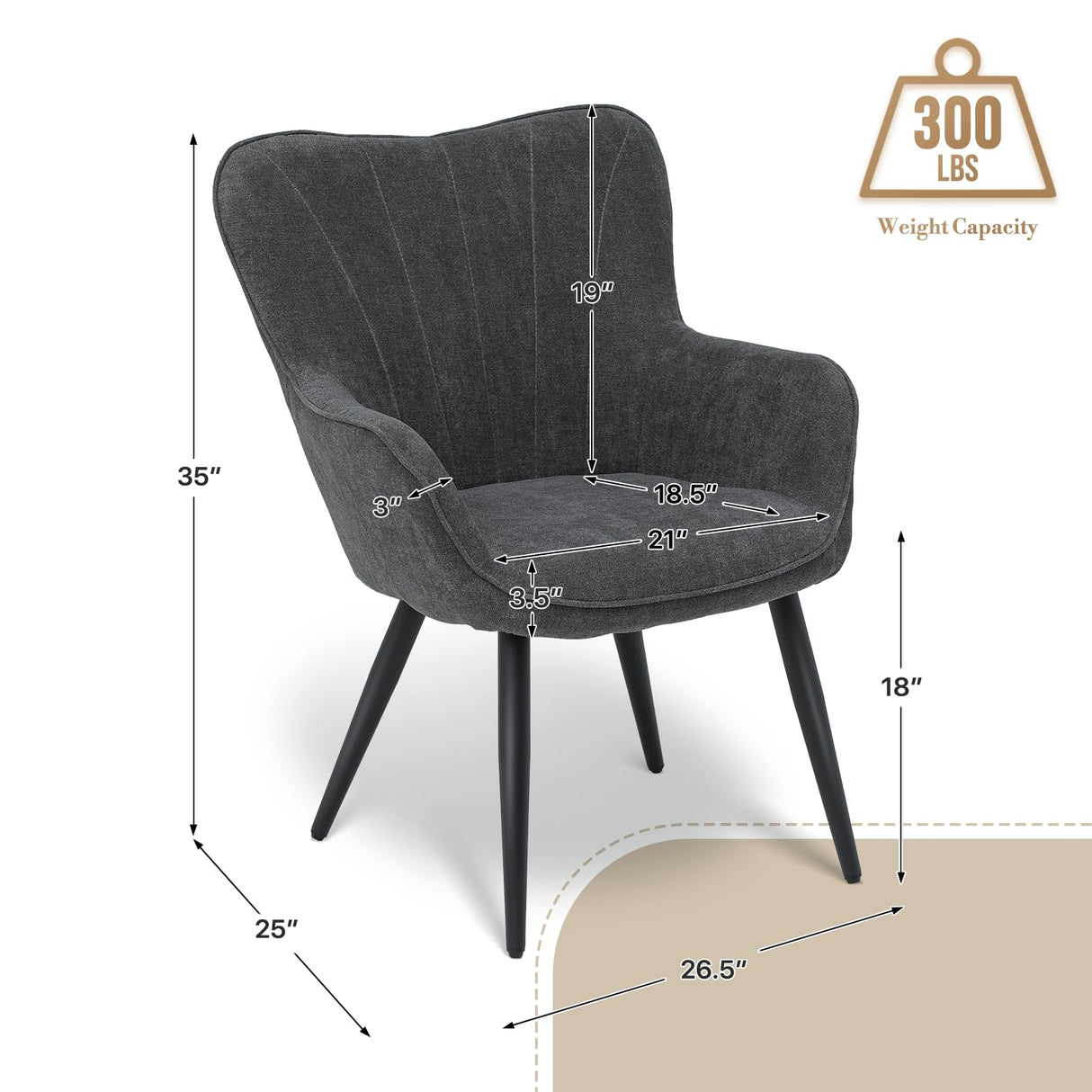 Athena Collection Wingback Accent Chair for Living Room, Upholstered Arm Reading Chair for Adults, Cozy Linen Fabric Armchair with Metal Legs for Bedroom, Makeup, Office, Grey Athena Collection