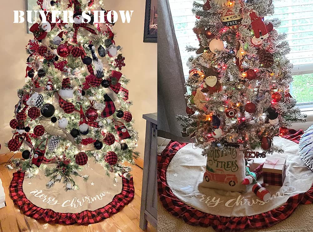 AISENO 48 Inch Christmas Tree Skirt Linen Burlap Buffalo Plaid Edge Decoration for Merry Christmas Party Red and Black Buffalo Christmas Tree Skirt Decorations AISENO